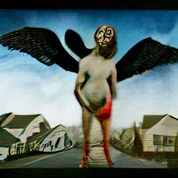 AI generated image of a giant humanoid naked angel standing over a a suburban neighborhood with three wings spread
