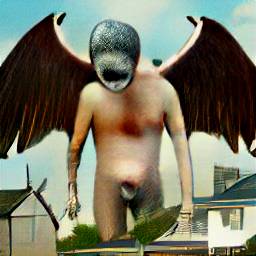 AI generated image of a giant humanoid naked angel standing over a a suburban neighborhood with red demonic wings spread, and a face and genitals that look like cigarette burns