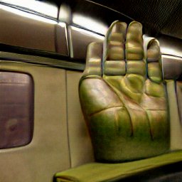 AI generated image of a giant gold hand with four fingers on a subway seat