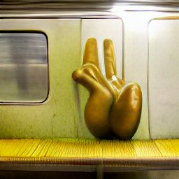 AI generated image of a twisted giant hand with two fingers on a subway