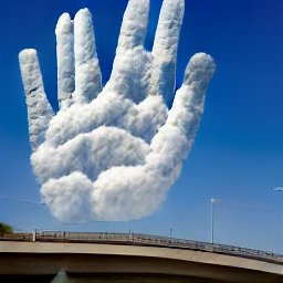 AI generated image of a giant hand with six fingers in the sky made of clouds