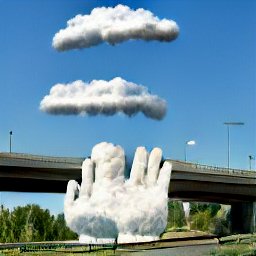 AI generated image of two giant hands next to each other made of cloud in front of an overpass with smaller clouds above it