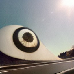 AI generated image of a giant eye in the distance flying over a highway while it glows slightly lke the flash of the photo is causing reflection