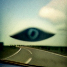 AI generated image of a giant eye lying on the ground next to a highway