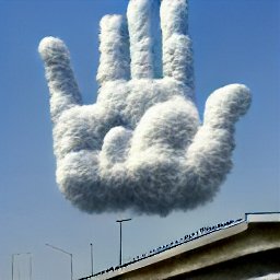 AI generated image of a giant hand made of cloud floating over an overpass