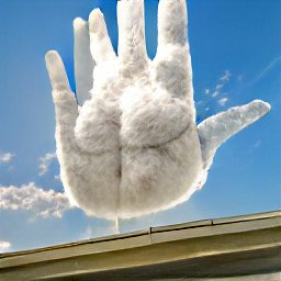 AI generated image of a giant hand made of cloud floating over an overpass