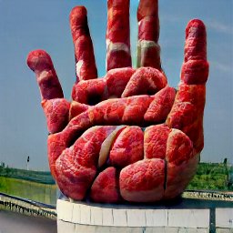 AI generated image of a giant hand made of red meat standing on a cement brick structure by a highway