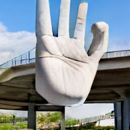 AI generated image of a stone hand with four fingers hovering in front of an overpass