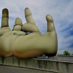 AI generated image of a giant combination of two hands made in stone sitting/drooping over a highway