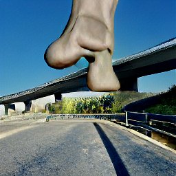Huge drooping sacs of flesh drooping down from the sky onto a highway