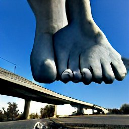 AI generated image of two giant distorted stone feet floating over an overpass