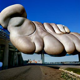 AI generated image of smooth round flesh in a giant shape floating above a highway