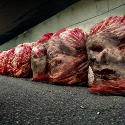 AI generated image of giant severed heads in tight red bags lined up by a wall on asphalt