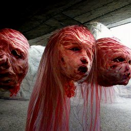 AI generated image of giant severed heads with long 'hair' made of red material floating underneath an overpass