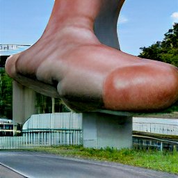 AI generated image of a giant flesh lump almost foot-shaped descending from the sky on top of an overpass