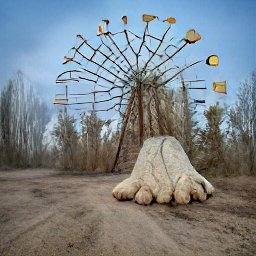 AI generated image of what looks like the elephant's foot from Chernobyl sitting outside in front of an abandoned ferris wheel