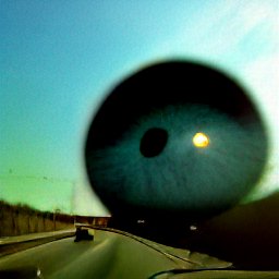 AI generated image of a huge iris from a giant's eye hovering over the horizon on a highway