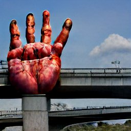 AI generated image of a huge red dripping bloody hand with four fingers attached to the side of a highway overpass