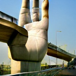 AI generated image of a huge hand with three fingers made of stone half way merged with an overpass