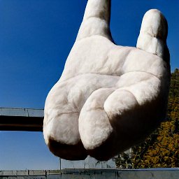 AI generated image of a huge stone shape that looks a bit like a hand hovering over a lake