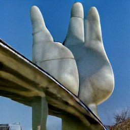 AI generated image of a giant stone hand with three fingers hanging in the air over an overpass