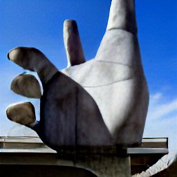 AI generated image of a huge stone hand with five fingers in strange places sitting on top of a stone column