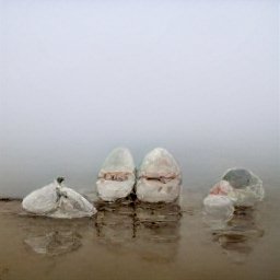 AI generated image of a misty beach with four large heads wrapped in plastic sitting on the sand