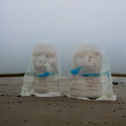 AI generated image of two giant heads wrapped in clear plastic on a misty beach