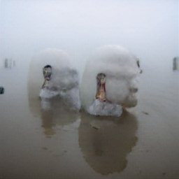 AI generated image of two giant heads standing on a shiny wet beach in the mist