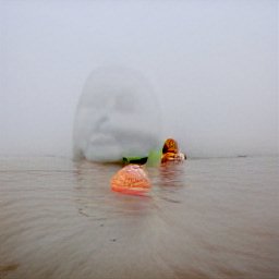 AI generated image of a giant head in a white plastic bag and two smaller orange plastic bags on the sand around them on a misty beach
