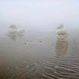 AI generated image misty beach with two huge objects in the distance in the mist