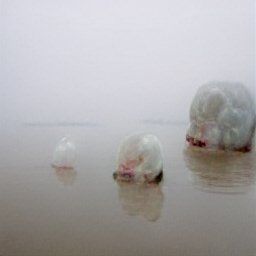 AI generated image of three sizes of lumps in white plastic bags on a misty beach