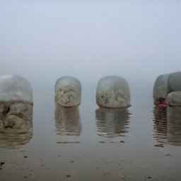 AI generated image of four giant lumps on a misty beach
