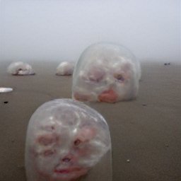 AI generated image of giant fleshy heads wrapped in plastic on a misty beach