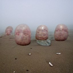 AI generated image of four fleshy head-shaped lumps on a misty beach