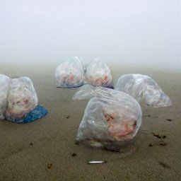 AI generated image of many large heads on a misty beach wrapped in plastic lying on their sides