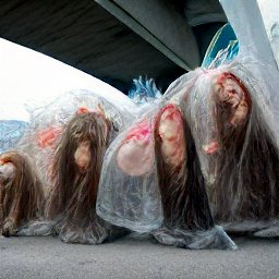 AI generated image of giant heads with long hair, some under tarps, under an overpass
