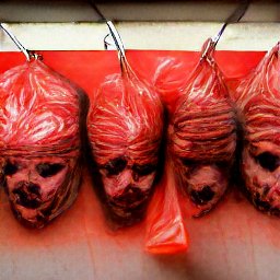 AI generated image of a row of heads wrapped in red plastic