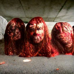 AI generated image of giant huge reads that have all red hair and reddish skin uner an overpass