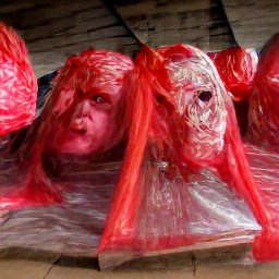 AI generated image of giant red heads wrapped in tarp under an overpass