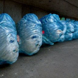 AI generated image of a line of heads wrapped in blue plastic under an overpass