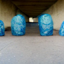 AI generated image of a line of heads wrapped in blue plastic under an overpass