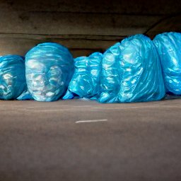AI generated image of a huddle of heads wrapped in blue plastic under an overpass