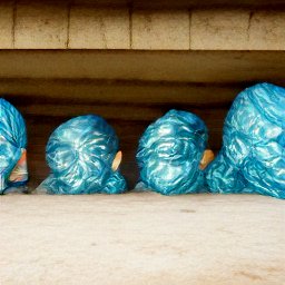 AI generated image of a line of heads wrapped in blue plastic under an overpass