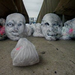 AI generated image of a group of heads made of white trash bags under an overpass