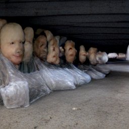 AI generated image of a line of heads under an overpass with trash bags in front of them