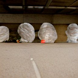AI generated image of a line of heads wrapped in white plastic trash bags under an overpass