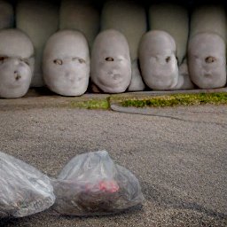 AI generated image of a line of heads wrapped in white plastic trash bags under an overpass