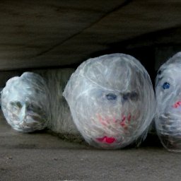 AI generated image of a line of heads wrapped in white plastic trash bags under an overpass