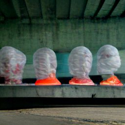AI generated image of a line of heads wrapped in white plastic trash bags under an overpass